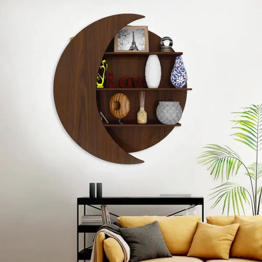 Moon Shape Designer Wooden Wall Shelf Book Shelf Walnut Finish
